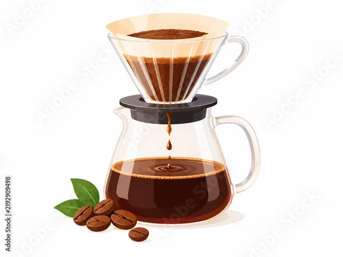 Panel kuchenny z motywem Alternatywne metody parzenia kawy, szklany dripper z filtrem i ziarna kawy, ilustracja flat design.