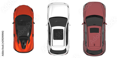 car set, isolated on transparent background, 3d illustration, cg render, top view