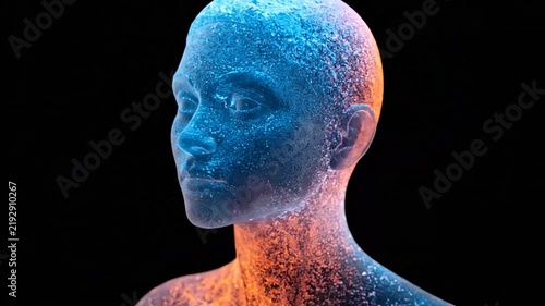 Profile of human head composed of glowing orange blue particles.