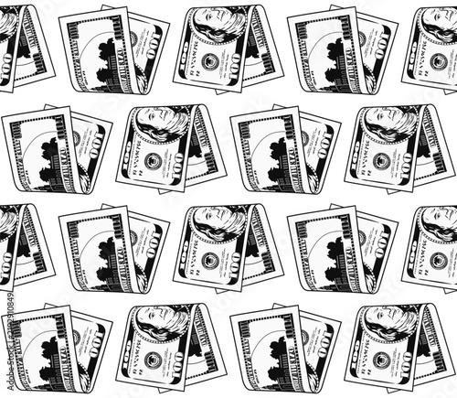 Seamless geometric pattern with 100 USD bills folded in half. Banknotes arranged in horizontal rows. Black and white detailed money illustration on transparent background.