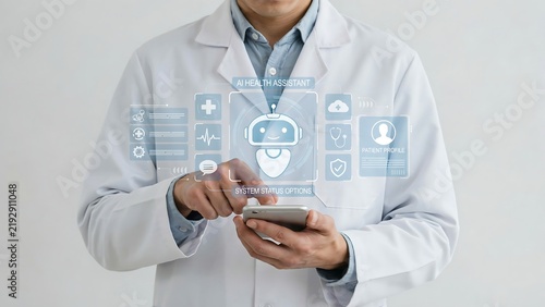 Doctor using smartphone with AI health assistant interface in bright modern clinic