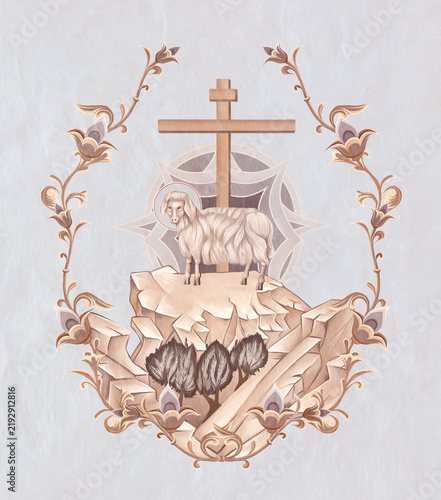 Behold the Lamb of God who takes away the sin of the world. Agnus Dei. Christian pastel illustration in Byzantine style in floral frame