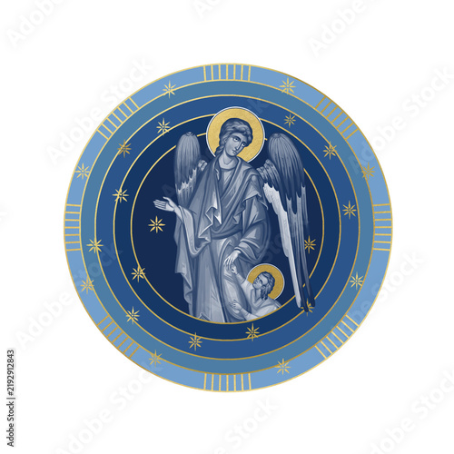 Guardian angel with a kid. Starry sky round illustration in Byzantine style