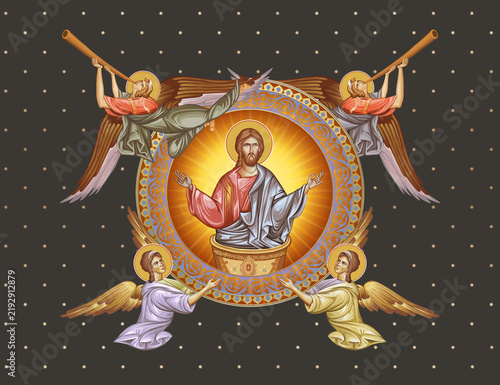 Heaven Liturgy. Jesus Christ in Holy Chalice. Decorative vintage illustration with angels in Byzantine style