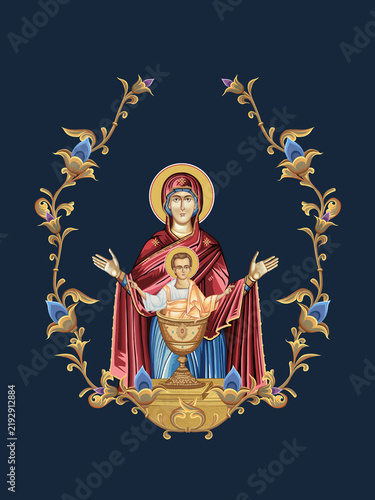 Inexhaustible Cup. Blessed Virgin Mary and Jesus Christ. Decorative vintage floral illustration in Byzantine style