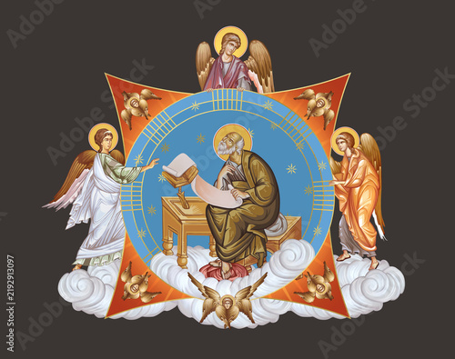 John the Apostle. Illustration in Byzantine style with angels and seraphim