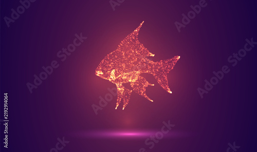 3D object made of dots, bright glow against a purple and magenta background