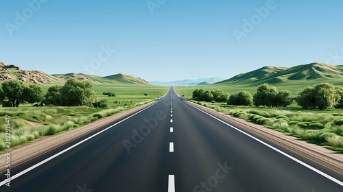Endless Open Road Stretching Through Lush Green Countryside Under a Clear Blue Sky