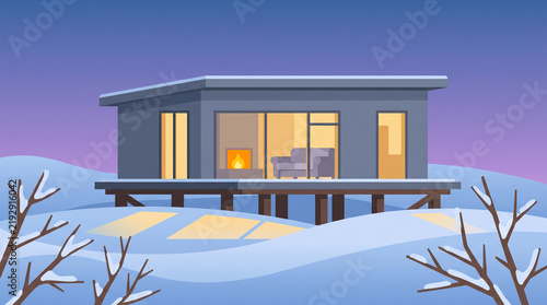 Scenic flat graphic illustration of a cozy modern house on stilts featuring large glowing windows and a warm fireplace surrounded by deep snowdrifts at winter twilight.
