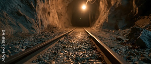 Underground Mine Tunnel with Railroad Tracks Leading to Distant Light, Evoking Mystery and Industry