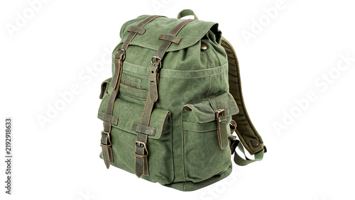 Durable green canvas military rucksack backpack luggage isolated on transparent background.