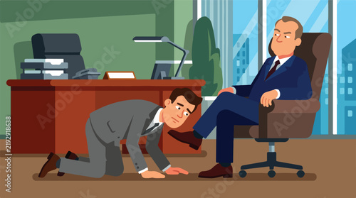 Servile worker crawling at executive boss feet in modern office. Submissive employee obeying arrogant corporate leader. Satire of toxic workplace power hierarchy.