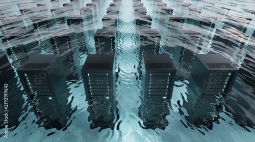 Rows of server racks submerged in clear rippling water representing liquid cooling technology