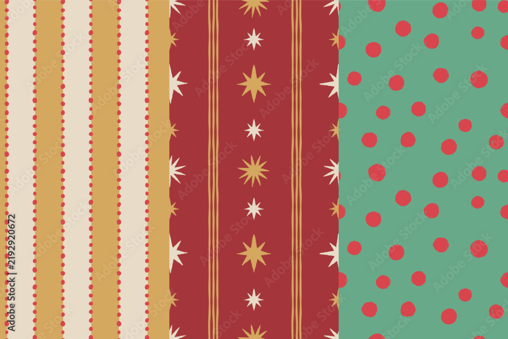 Obraz premium Vector Seamless Christmas pattern with hand-drawn holiday elements, geometric shapes, stars and festive ornaments in a retro color palette