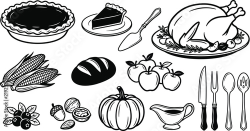 A delightful thanksgiving feast illustration featuring a roasted turkey pumpkin pie bread apples and various traditional elements