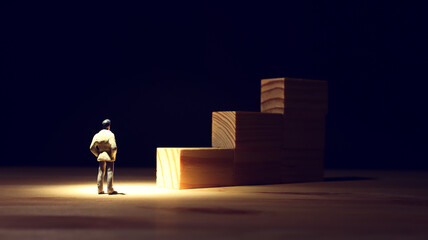 Concept image of a figure progressing up a stairs to success and leadership