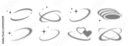 Retro halftone sparkle element set with glowing stars and orbital rings Y2K aesthetic