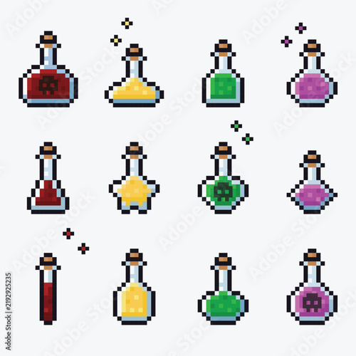 Pixel Art Potion Bottles and Magical Laboratory Chemistry Icons Collection