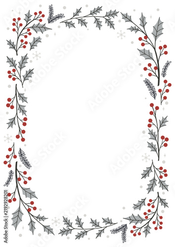 Winter Christmas frame with red holly berries and evergreen pine branches on white background