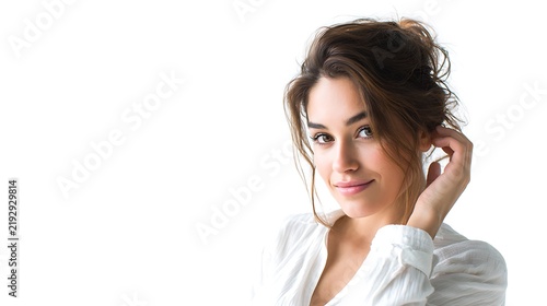 Elegant brunette woman, beautiful female portrait, natural skin on white background