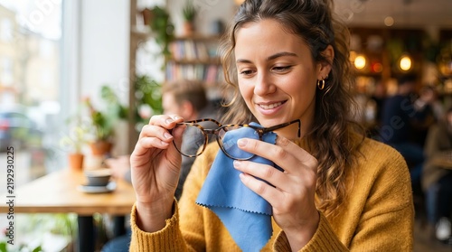 Young woman cleaning her tortoise shell eyeglasses with a blue microfiber cloth in a cafe setting.