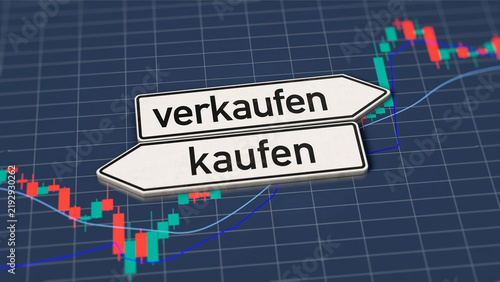 Börsen-Chart mit gegenläufigen Schildern „kaufen“ und „verkaufen“