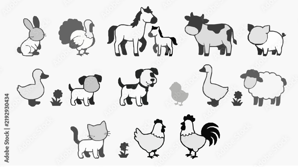 Obraz premium Farm animal silhouettes depict a collection of livestock and poultry