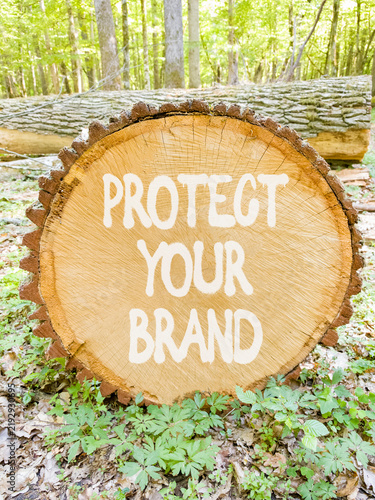 Protect your brand words symbol. Concept words Protect your brand on beautiful wooden circle. Beautiful green forest background. Business and protect your brand concept. Copy space.