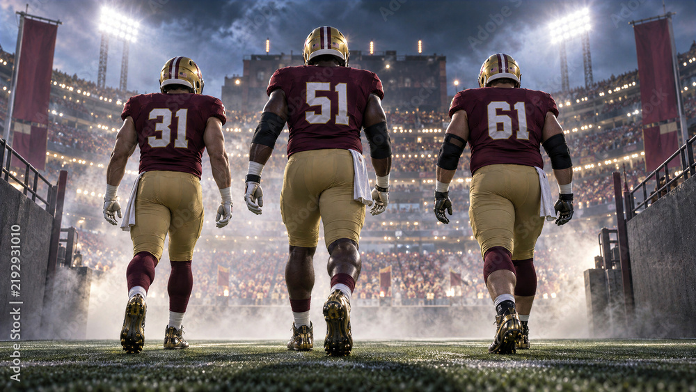 Obraz premium Three football players walking onto stadium field from tunnel