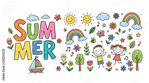Colorful summer celebration illustration with children enjoying