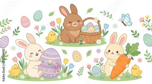 Cartoon bunnies and chicks celebrating with colorful eggs