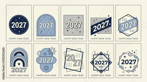 Illustrated new year 2027 celebration badges with geometric shapes
