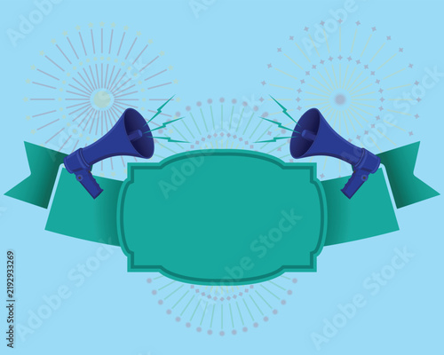 A light blue announcement banner featuring a vector illustration with two dark blue megaphones and a blank text area in the center.