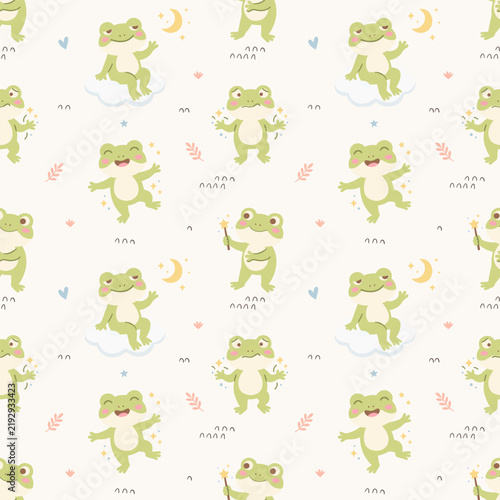 Frog Sitting on Cloud Celestial Moon Seamless Pattern, Star Toad Wand Repeating Background Wallpaper Textile Fabric Cute Kawaii Baby Nursery Graphic, Pajamas Wrapping Flat Vector Illustration