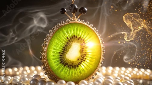 Sliced kiwi fruit with crown and pearls.