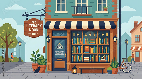 Charming independent bookstore storefront with a book-filled display window on a sunny street
