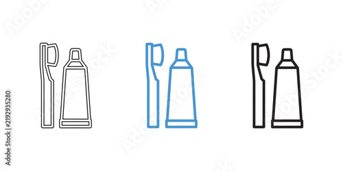 Outline icons of dental hygiene products including toothbrush and toothpaste for healthcare branding