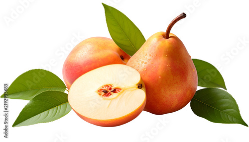A ripe pear and peach cluster with green leaves, one fruit halved