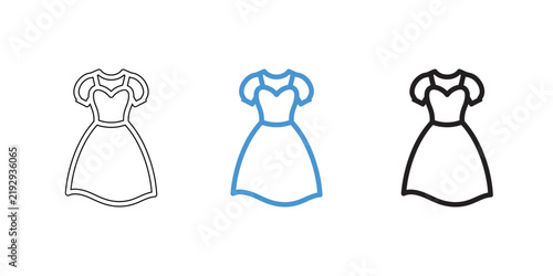 Three vintage-style dress line art icons with dotted, solid, and outlined variations for fashion design projects