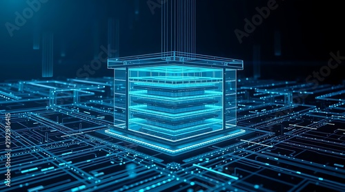 Abstract digital network structure with glowing blue lines and data streams on dark background
