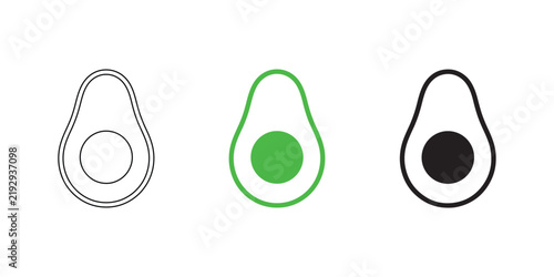 Set of three minimalist avocado icons in line art and solid color for modern graphic design projects