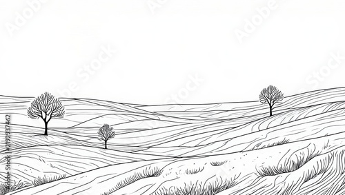 Minimalist Landscape with Trees and Rolling Hills