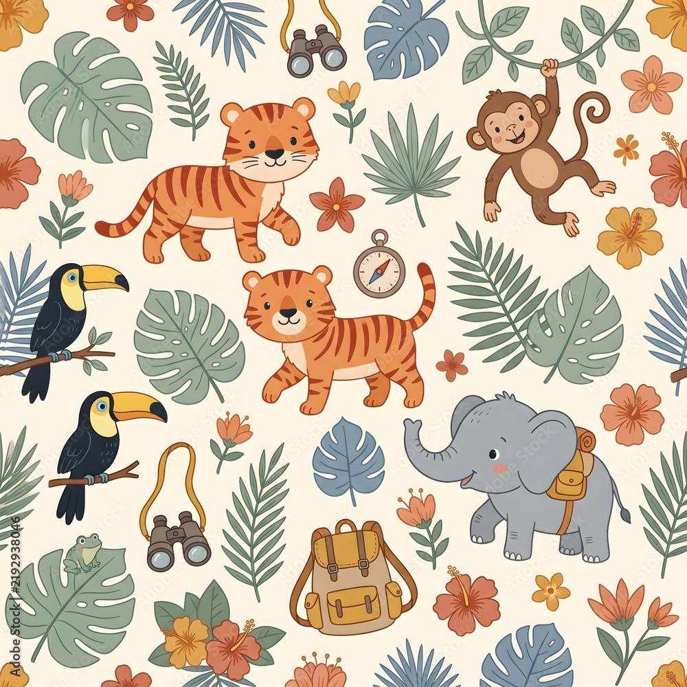 Obraz premium Cute Little Jungle Explorer Seamless Pattern for Kids