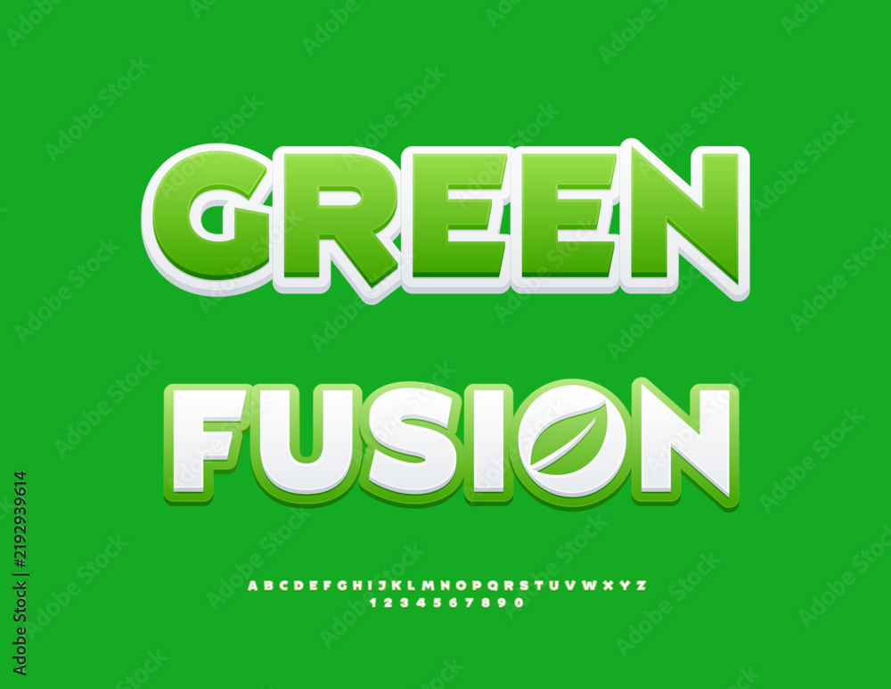 Naklejka premium Vector Modern icon Green Fusion with Decorative Leaf. Bright Creative Font. Trendy set of Artistic Alphabet Letters and Numbers.
