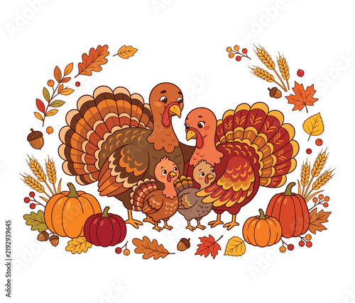 A festive watercolor illustration featuring a family of turkeys surrounded by pumpkins and autumn leaves for thanksgiving holiday celebrations