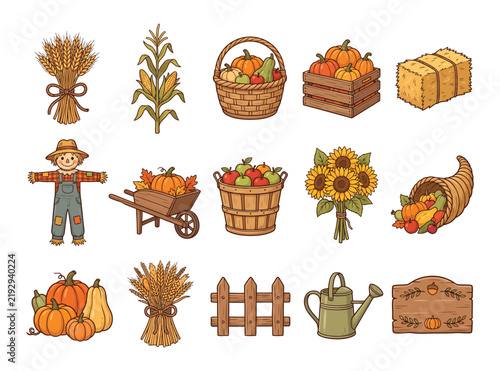 A collection of hand drawn watercolor illustrations featuring festive thanksgiving harvest elements like pumpkins corn and seasonal autumn decorations