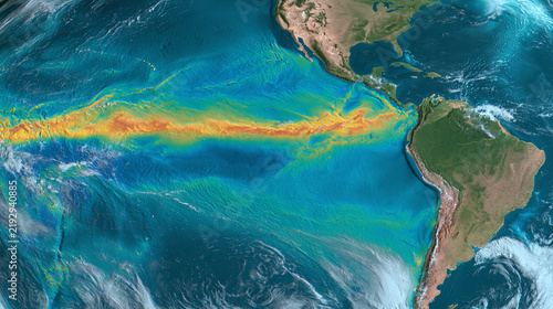 Satellite view of the pacific ocean showing wave motion and current flow