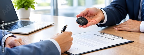 Car Dealership Salesman Handing Over Car Keys to a Customer After Signing Agreement