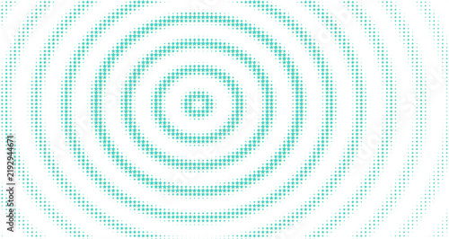 Concentric circular rings of teal and green pixels creating a ripple effect against a solid black background, with digital dot texture