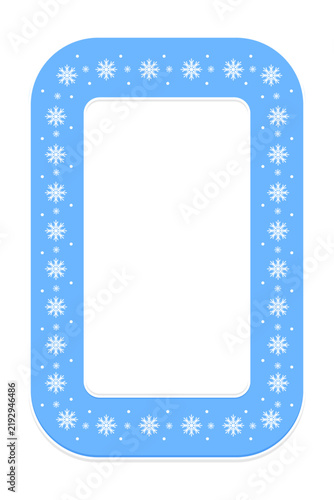 Winter snowflake frame on blue background with copy space. Vertical Christmas border template with empty center. Vector illustration, isolated on white.